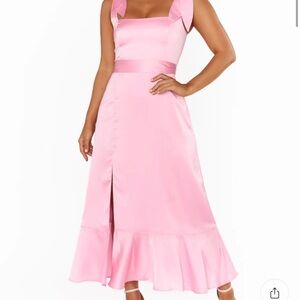 Show Me Your MuMu Pink Satin Midi Dress with Bow Straps